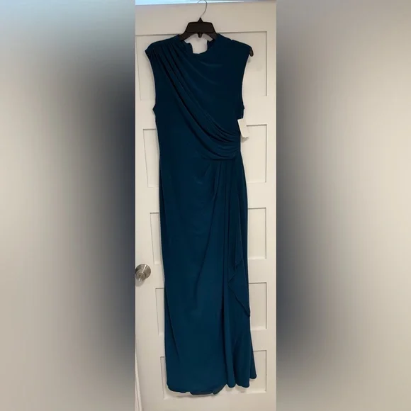 Betsy & Adam Teal Sleeveless Draped Maxi Gown - Picture 6 of 9